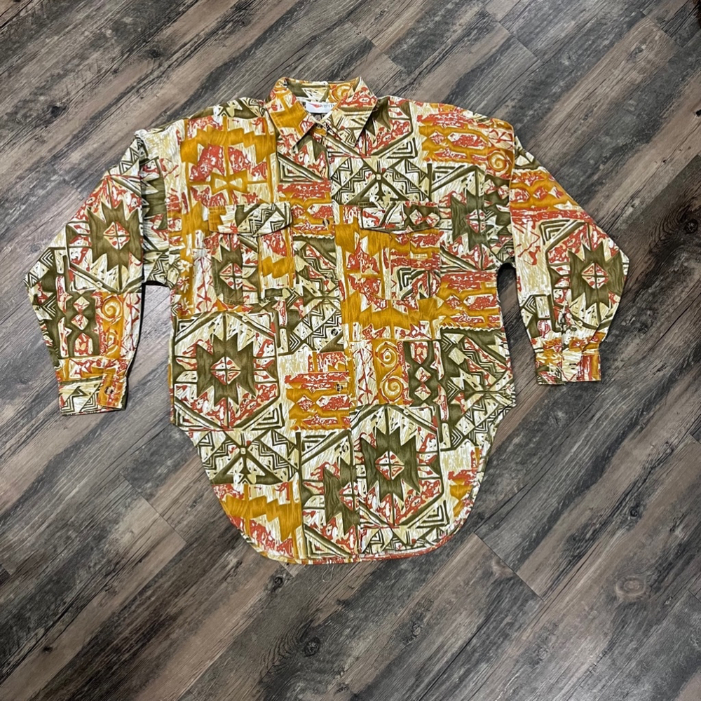 VTG 90’s Christina Women's Button‎ Down Shirt, L, Orange, Green, red. Aztec